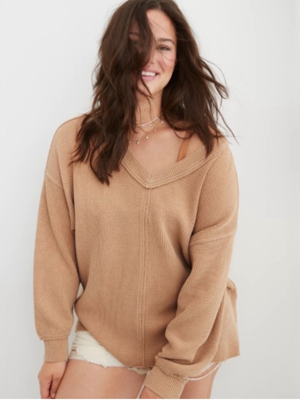 Aerie Love this moment V-Neck Sweater in Camel